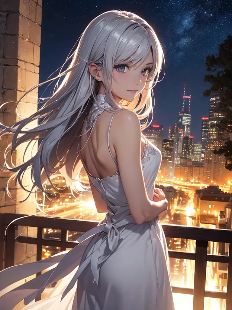 (​masterpiece),(top-quality:1.2),(4k anime),(perfect anatomy),((arms behind back)),(1 girl),elegant clothes,beautiful detailed silver eyes,silver long hair,elegant face,(Highly detailed elegant),Beautiful and realistic skin,sideways glance,view from side,down light,soft tones,captivating smile,(night view)