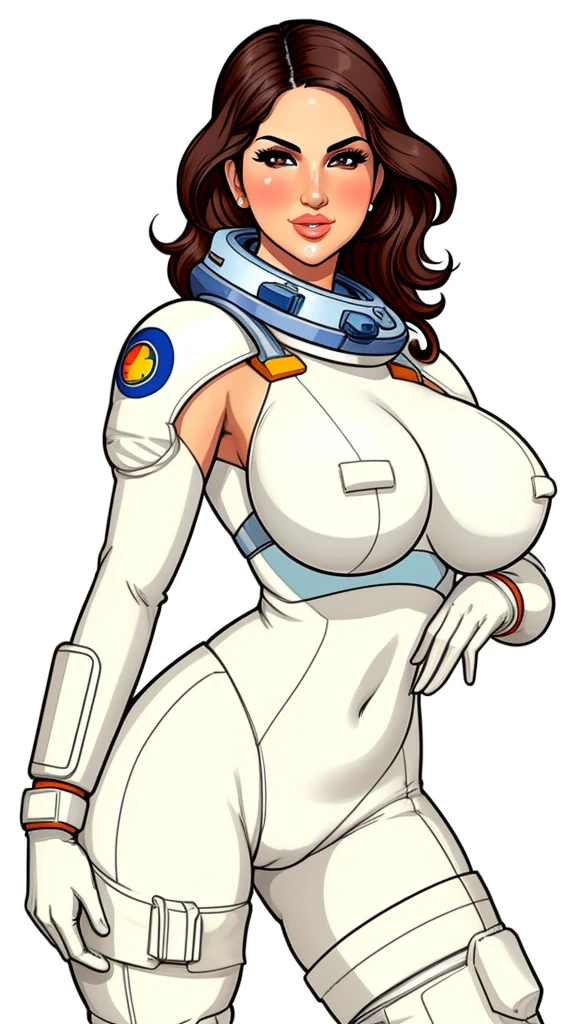 pretty woman,Sunny Leone, large breasts, rubenesque, space suit, white background, blank background, pinup