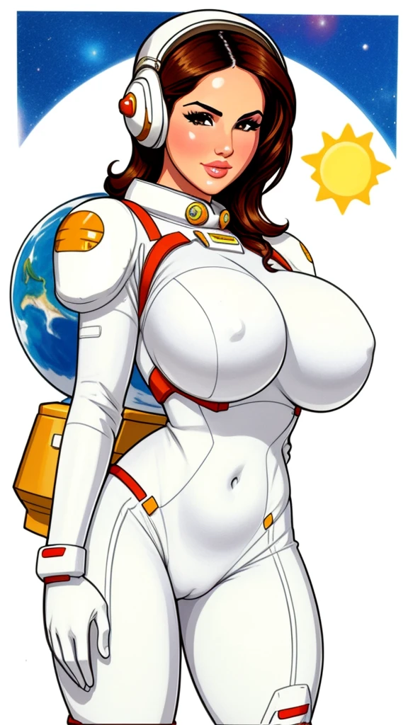 pretty woman,Sunny Leone, large breasts, rubenesque, space suit, white background, blank background, pinup