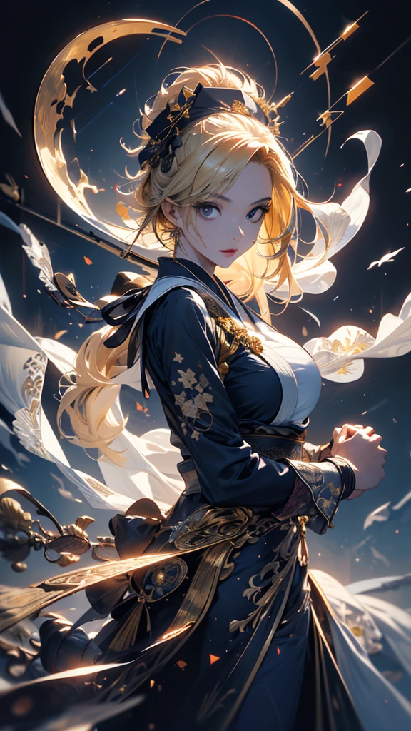 masterpiece, high quality, 4K, Beautiful design, silhouette，blonde， 非常に詳細な夜のStarry Sky,Flower Field， wonderful, Finer details,  Very knowledgeable woman, Highly detailed solo, 1 female,Big Breasts，Nurse Costume，Night view，Starry Sky，full moon，