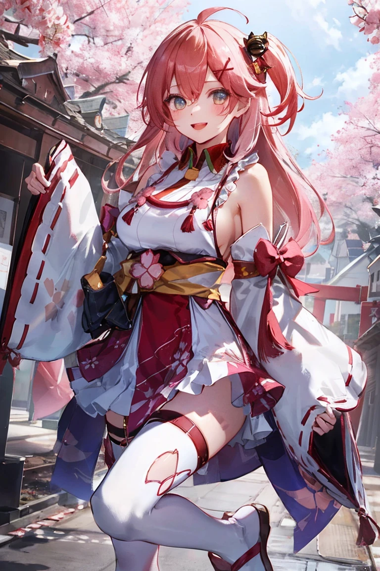 masterpiece, best quality, highres, miko1, sakura_miko, 1girl, big_boobs, solo, ahoge, x_hair_ornament, pink_hair, floral print, hairclip,(side_less_clothes:1.5), (side_boobs:1.5), hair_bell, floral print, long_hair, hair between eyes, one side up, white thighhighs, asymmetrical legwear, wide sleeves, open_mouth,(happy:1.3),gleen_eyes,big_smile,(rise_leg:1.3),plump,apart_legs,(overly_long_sleeves:1.3),),sleeves_past_wrists,hands_hidden_sleeves,sidelock_clothes,dynamic_posing,solo,hidden_wrists,(XD:1.4),covered_nipples,sunlight,cherryblossom_background,