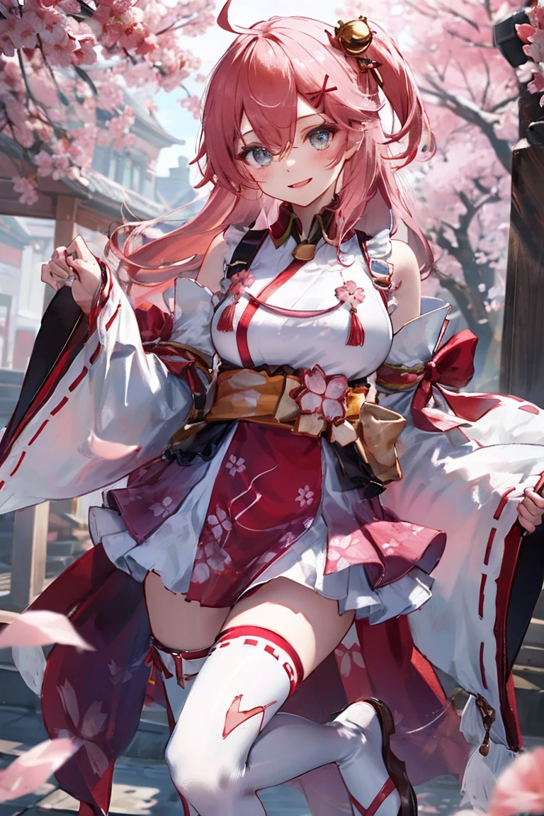 masterpiece, best quality, highres, miko1, sakura_miko, 1girl, big_boobs, solo, ahoge, x_hair_ornament, pink_hair, floral print, hairclip,(side_less_clothes:1.5), (side_boobs:1.5), hair_bell, floral print, long_hair, hair between eyes, one side up, white thighhighs, asymmetrical legwear, wide sleeves, open_mouth,(happy:1.3),gleen_eyes,big_smile,(rise_leg:1.3),plump,apart_legs,(overly_long_sleeves:1.3),),sleeves_past_wrists,hands_hidden_sleeves,sidelock_clothes,dynamic_posing,solo,hidden_wrists,(XD:1.4),covered_nipples,sunlight,cherryblossom_background,