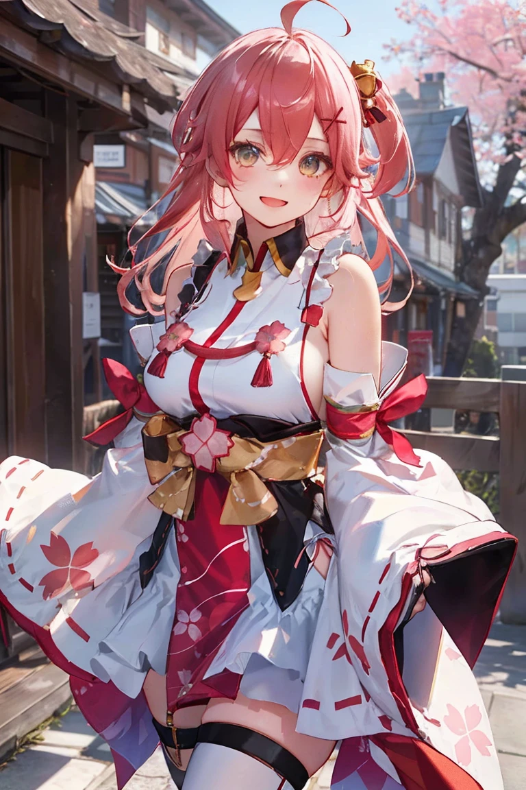 masterpiece, best quality, highres, miko1, sakura_miko, 1girl, big_boobs, solo, ahoge, x_hair_ornament, pink_hair, floral print, hairclip,(side_less_clothes:1.5), (side_boobs:1.5), hair_bell, floral print, long_hair, hair between eyes, one side up, white thighhighs, asymmetrical legwear, wide sleeves, open_mouth,(happy:1.3),gleen_eyes,big_smile,(rise_leg:1.3),plump,apart_legs,(overly_long_sleeves:1.3),),sleeves_past_wrists,hands_hidden_sleeves,sidelock_clothes,dynamic_posing,solo,hidden_wrists,(XD:1.4),covered_nipples,sunlight,cherryblossom_background,