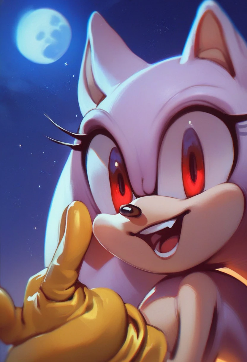 needlemouse, solo, smile, open mouth, red eyes, 1girl, female focus, sky, no humans, night, moon, furry female , flat color, sonic the hedgehog, two-tone fur, no outlines, yellow gloves, source