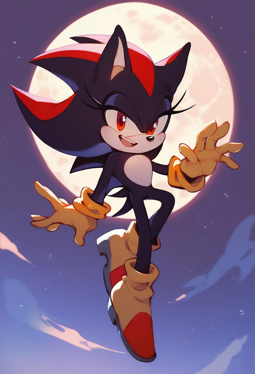 needlemouse, solo, smile, open mouth, red eyes, 1girl, female focus, sky, no humans, night, moon, furry female , flat color, sonic the hedgehog, two-tone fur, no outlines, yellow gloves, source