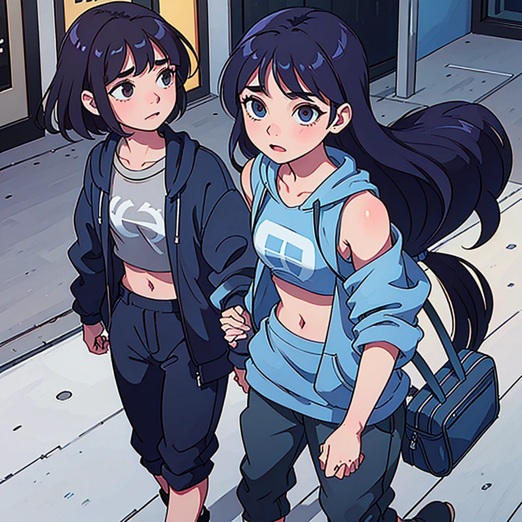 17 year old boy in a blue sweatshirt walking down the street holding hands with a 16 year old girl in a crop top 