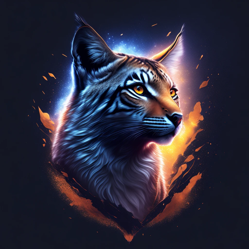 (best qualityer,4K,8K,high resolution,work of art:1.2),ultra detali,(realisitic,photorealisitic,photo-realisitic:1.37),vectorial art,t-shirt design,dark splash,lynx head,rzminjornada