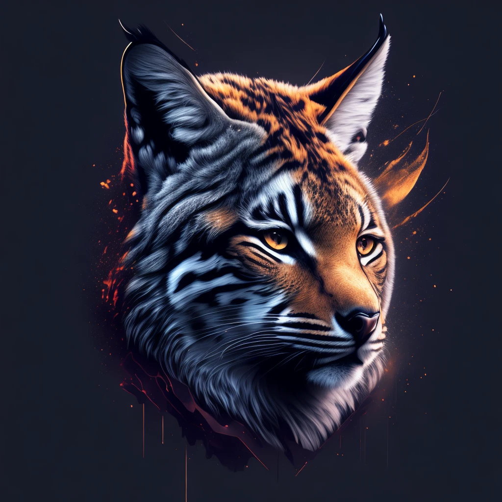 (best qualityer,4K,8K,high resolution,work of art:1.2),ultra detali,(realisitic,photorealisitic,photo-realisitic:1.37),vectorial art,t-shirt design,dark splash,lynx head,rzminjornada