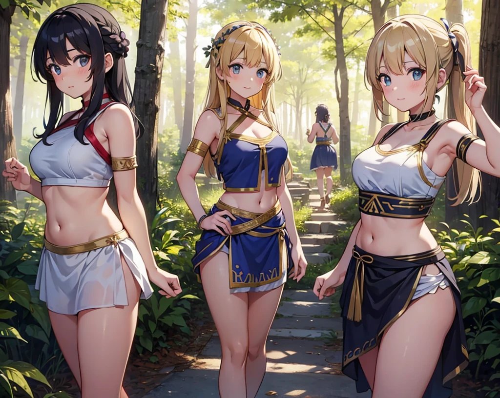 young greek warriors girls in togas , only girls , forest in the background , sandals , sexy , multiple girls , five girls
