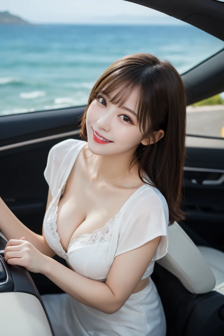 Car drive with ocean view , Highest quality, shape, Very detailed, In detail, High resolution, 8k wallpaper, Perfect dynamic composition, Beautiful details,  Natural Lip, Cute outfits, Big Breasts, Cleavage, She is smiling in a cute pose.., A masterpiece of the whole body, Full Body Shot