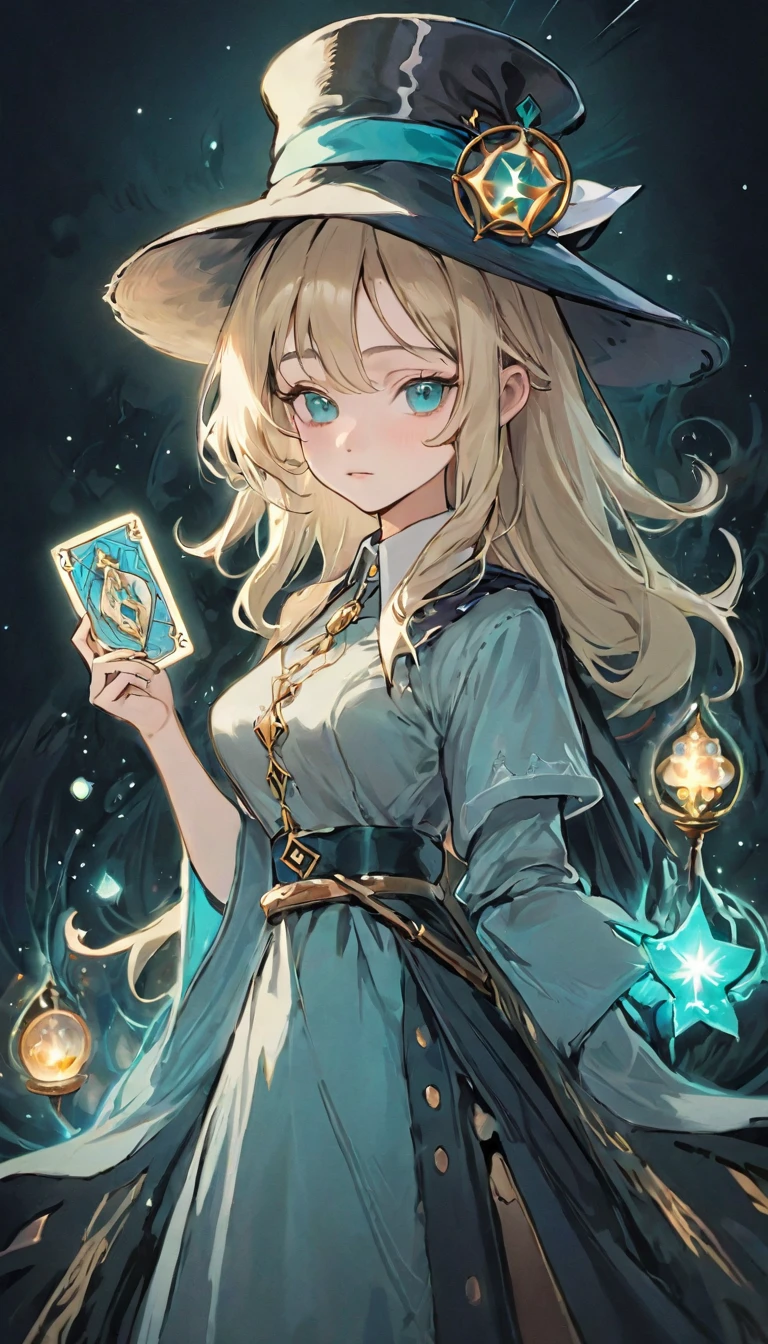 White shirt、Realistic textured skin、Ash Blonde、1 strand of hair、Side Tail、Turquoise Eyes、16 years old、tarot card divination:1.37、Close-up of a woman in dress and hat holding tarot cards:1.37, Beautiful Celestial Magician, portrait of a Female Wizard, Female Wizard, Mechanized Witch&#39;s Little Wizard!, Female Wizard, dark witch character, magician magic witch, Black-haired wizard, Dark Sorceress Full View, Astral Witch Outfit, Dark magician full body pose、