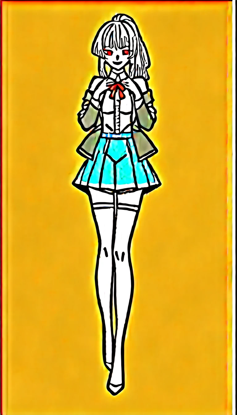 1girl, solo, full length, long hair, a ponytail, medium breasts, looking at viewer, legs, hand, bangs, smile, heterochromia, red eyes, blue eyes, lying, arrogant smile, legs, stockings, indoors, black blazer, white shirt, shirt under jacket, blue skirt, short skirt, red ribbon, white stockings, shoulders, hands up best quality, detailed,