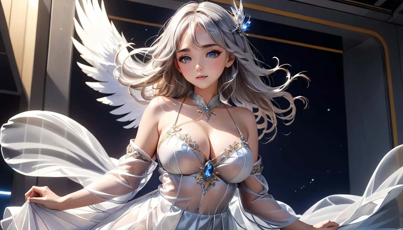 Woman in transparent dress,Viewer,(((Full breasts, Keeley University))),Slim waist,(Navel exposed,Bare waist), Long hair, extreme detailed details, Detailed fantasy art, Stunning character art, Beautiful and exquisite character art, Beautiful transparent dress, Very detailed, Girl wearing flowing Hanfu, Exquisite headpieces and jewellery,Crystal jewelry filigree, galaxy, Stunning visuals, (Dynamic Stripes, light rail:1.2), Vibrant colors,Long hair动漫女孩和狐狸, 美丽的白金色Angel女士, 白毛Angel, Beautiful character painting, Beautiful anime portrait, Angel翅膀的女孩, a beautiful Angel woman, Mystical artwork, Guweiz, by Ren Renfa, Angel, Large Breasts,Full breasts,Golden ratio figure,Perfect body,Ultra wide-angle shooting,Full body shot,Body close-up,Full body shot,Wearing a pleated tulle skirt,Soft anime illustration, Soft dark background,Fujifilm XT3 Clear focus, f 5.6, High Detail, Clear focus, Dramatic, (Wearing openwork clothing), (Looking at the audience:1.8), (Natural light), (Tempting)translucent, Good velvet quality, Compared, Divine Light,, Silver gray hair, Sky background, Absolute Strength,女性Angel,Girl in sexy silk,,Large Breasts,Full breasts,Golden ratio figure,Perfect body,Ultra wide-angle shooting,Full body shot,Body close-up,Full body shot, Wearing a tulle dress, Model shooting style, Large Breasts,Full breasts,Golden ratio figure,Perfect body,(Extremely detailed CG 8k wallpaper unit), The most beautiful artistic photos in the world, , 8K Ultra HD, ) On the big white bed,Lazy gesture,Charming and seductive expression,best quality,masterpiece,Ultra-high resolution,(Practical:1.4),original photo,Ultra-high resolution,White skin,Exquisite makeup,Long legs,Bright beautiful eyes,用深色眼影打造Exquisite makeup,