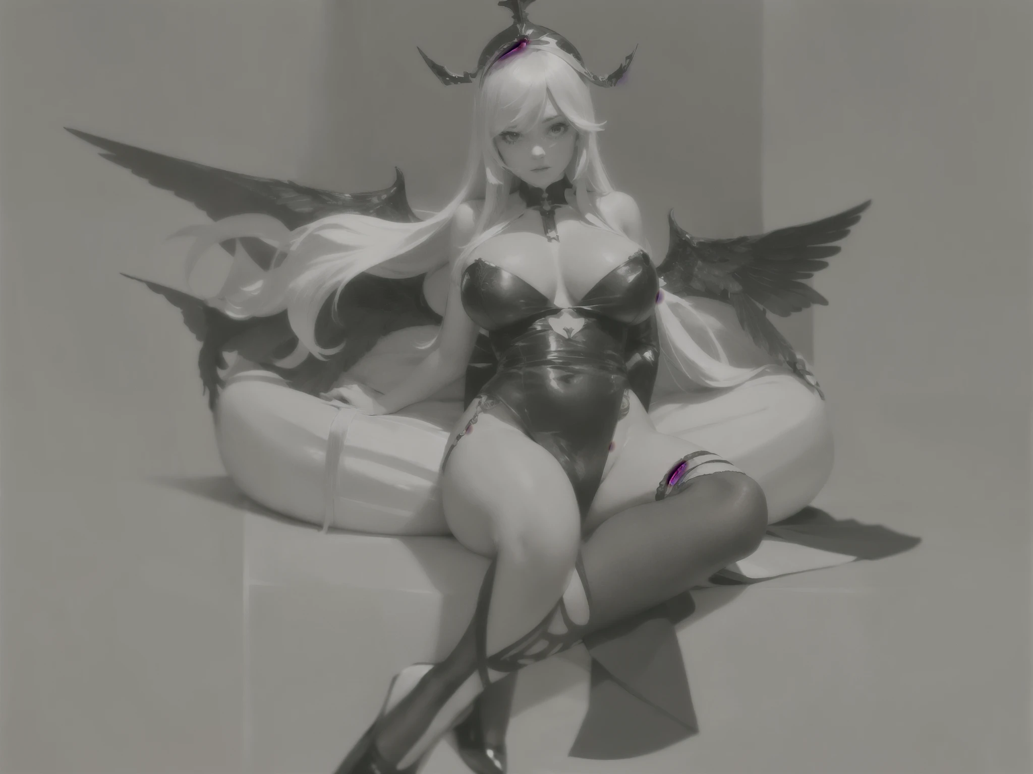Personaje de anime delicioso con rostro provocativo ajustandose la corbata y mostrando su neckline vista en picada cuerpo completo medidas de modelo cintura definida, big hips, huge and defined breasts, sexy pose bright colors sitting with one foot close to the camera （light makeup）incomparable beauty，long white hair，metallic dress，bling bling，sparkling，Magic Dream，Magnificent dress，A meticulous representation of facial features，Authentic texture，Gorgeous background,  huge tit, ((neckline)), ((huge tit)), Gorgeous background, (photo and gross:1.2), (photorealistic:1.4), beautiful detailed girl, Very detailed eyes and face, Beautiful detailed eyes, ultra-detailed, high resolution, Very detailed, Best Quality, Masterpiece