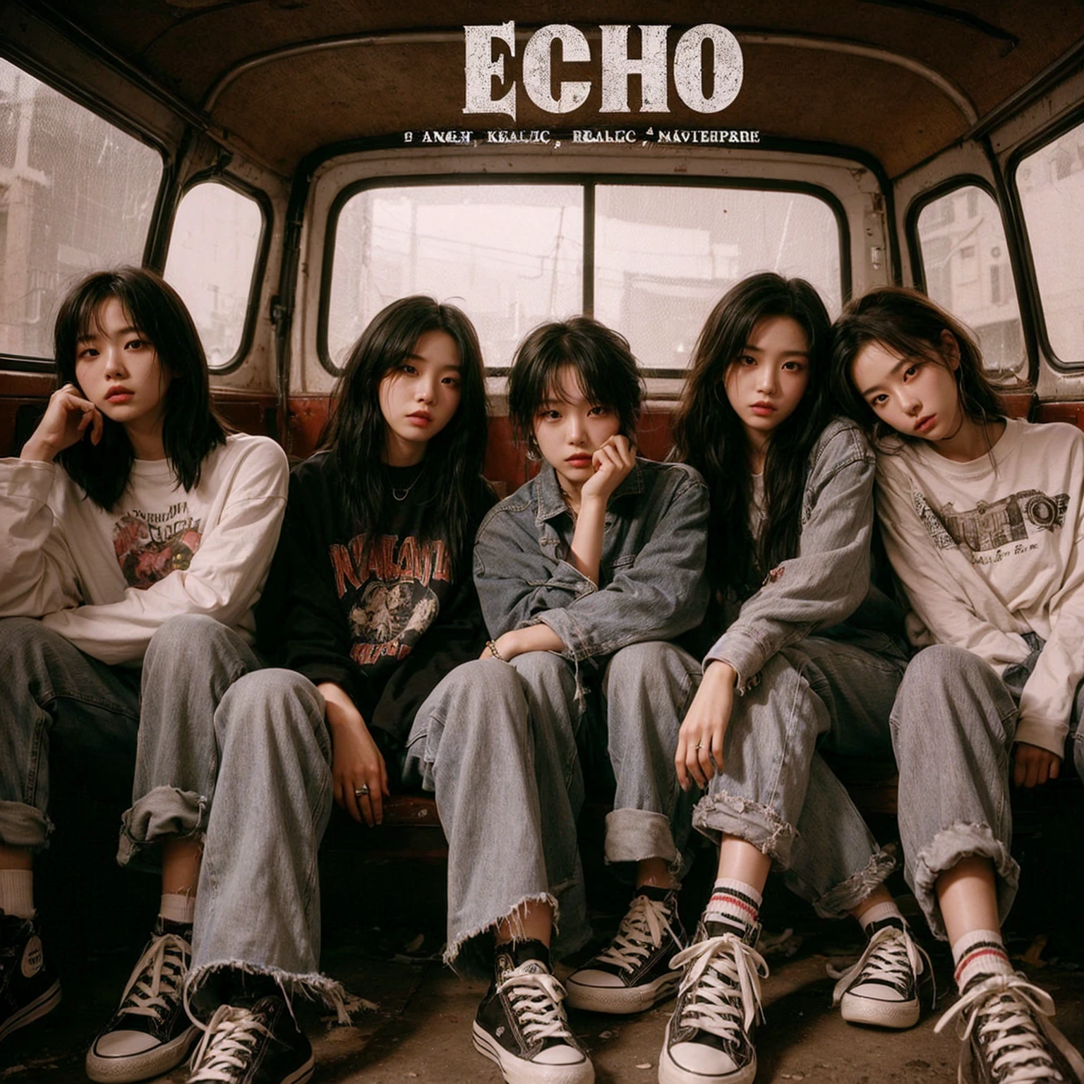 a visually striking five korean young woman member band photo in a gritty, urban setting. The band should be seated in a rugged van, evoking a raw. Emphasize a cool, laid-back attitude with casual clothing, such as graphic tees, jeans, and sneakers. Ensure the band's name, “ECHO” is prominently displayed above them in bold, distressed typography. Capture a mood that reflects the essence of early 2000s pop, combining elements of angst, realistic, masterpiece