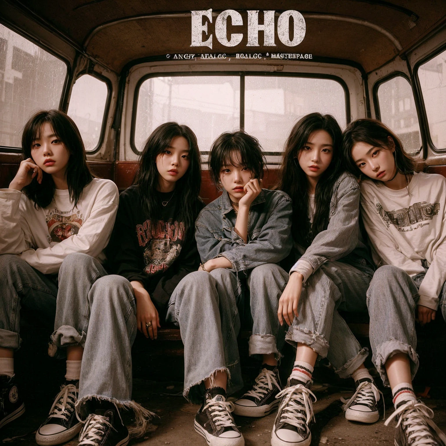 a visually striking five korean young woman member band photo in a gritty, urban setting. The band should be seated in a rugged van, evoking a raw. Emphasize a cool, laid-back attitude with casual clothing, such as graphic tees, jeans, and sneakers. Ensure the band's name, “ECHO” is prominently displayed above them in bold, distressed typography. Capture a mood that reflects the essence of early 2000s pop, combining elements of angst, realistic, masterpiece