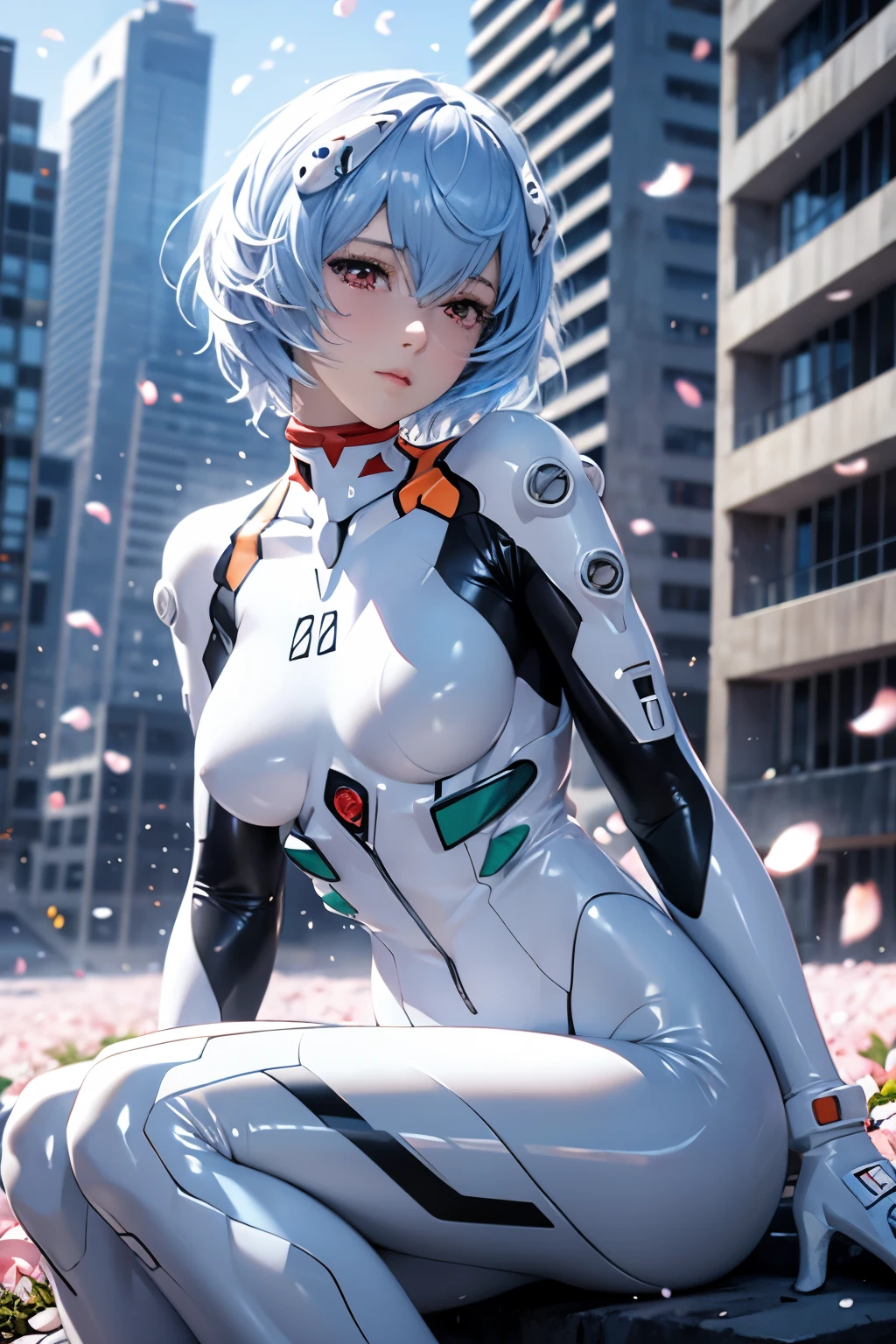 (Realistic, photoRealistic), ayanami, One Girl, Blue Short Hair, White hair ornament, (underwear), Sit on the ground, noon、Sexy pose、Buildings、(Cowboy Shot),(Tabletop, high quality, 最high quality), (colorful),(Delicate eyes and face), Volumetric Light, Ray Tracing, Highly detailed CG Unity 8k wallpaper,alone、((Fluttering petals)),Outdoor, ((cyber punk)), Cyber City, ((Neon Trim)),frontage,(Spread your legs)