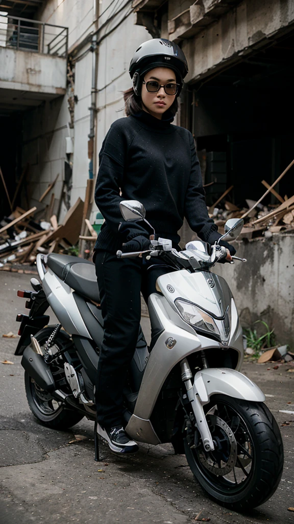 girl riding motor scooter (yamaha matic), wearing black sweater, black pants, black eye glasses, black helmet, white jogging shoes, debris building background,