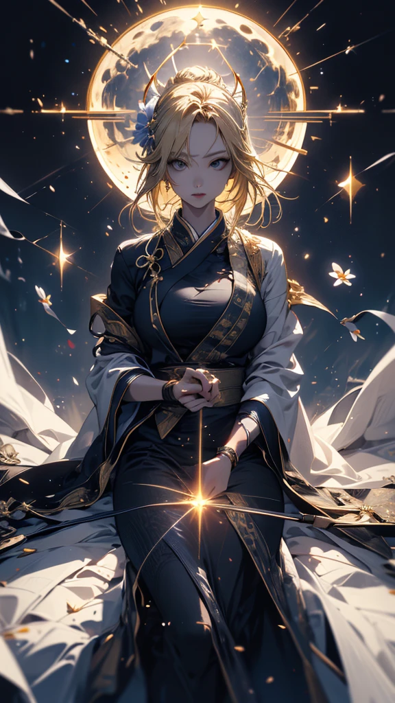 masterpiece, high quality, 4K, Beautiful design, silhouette,blonde, 非常に詳細な夜のStarry Sky,Flower Field, wonderful, Finer details, Very knowledgeable woman, Highly detailed solo, 1 female,Big Breasts,Nurse Costume,mini skirt,Night view,Starry Sky,full moon,