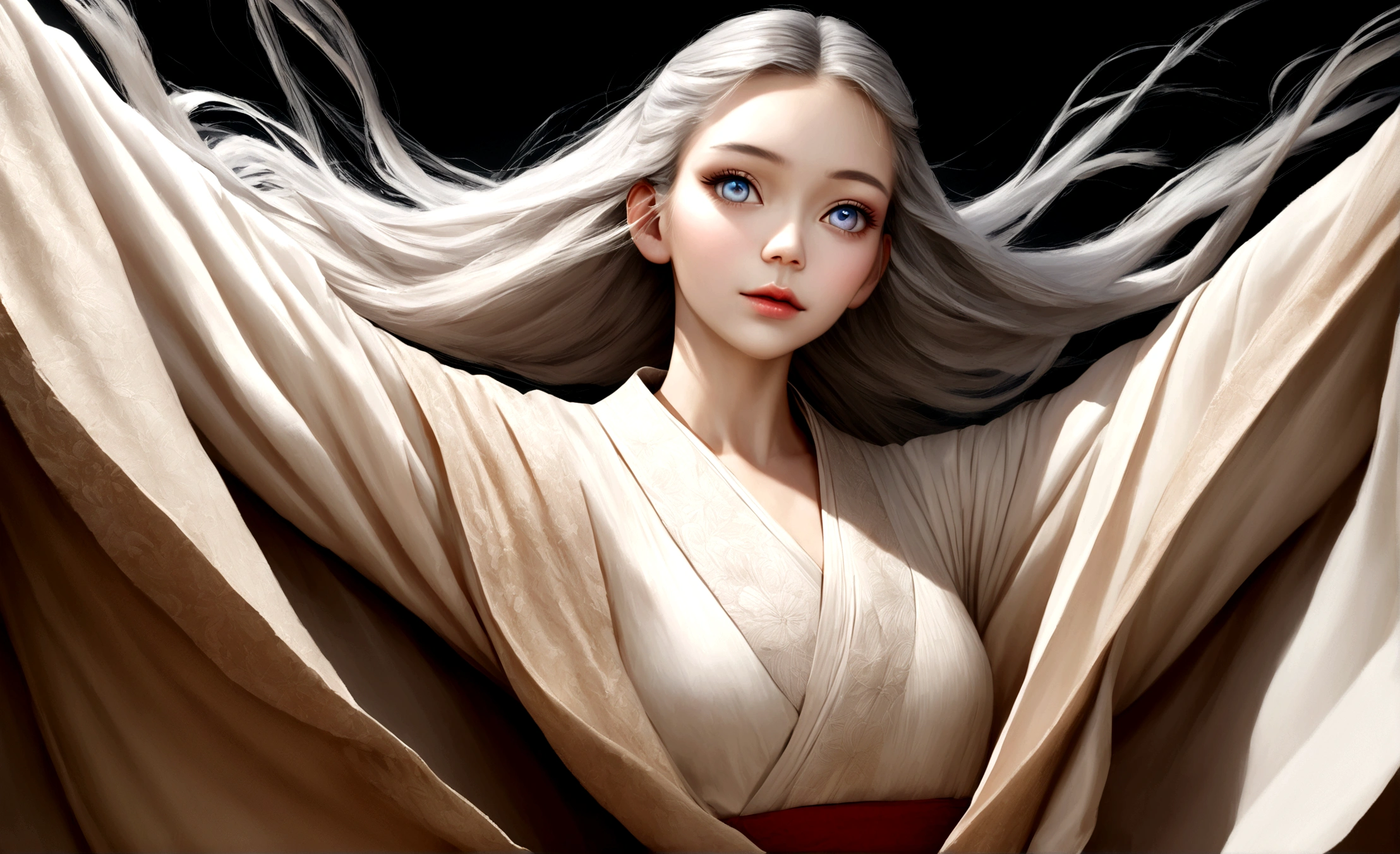 (best quality,highres:1.2),ultra-detailed,photo-realistic:1.37,kimetsu no yaiba style,(female:1.1),(beautiful:1.1) lady 19 years old with long flowing white hair,(blue:1.1),(soft:1.1),(bright:1.1) eyes. Kimono beige sencillo. Fondo floreado.
