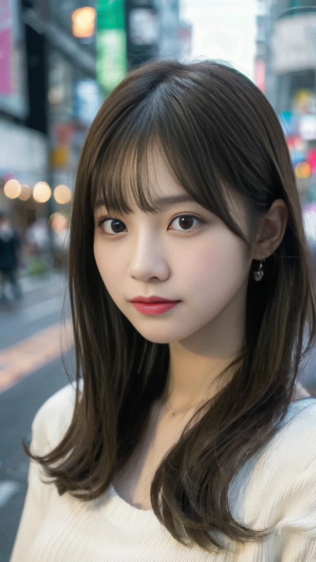 Ultra-high resolution, Superior Quality, Highest quality, Super detailed, Realistic, 8K, RAW Photos, Highest quality, masterpiece, Attractive girl, A wonderful girl, Brown Hair, short layered, Asymmetrical bangs, K-Pop Idols, Sophisticated, stylish, White knit, Shibuya Ward,