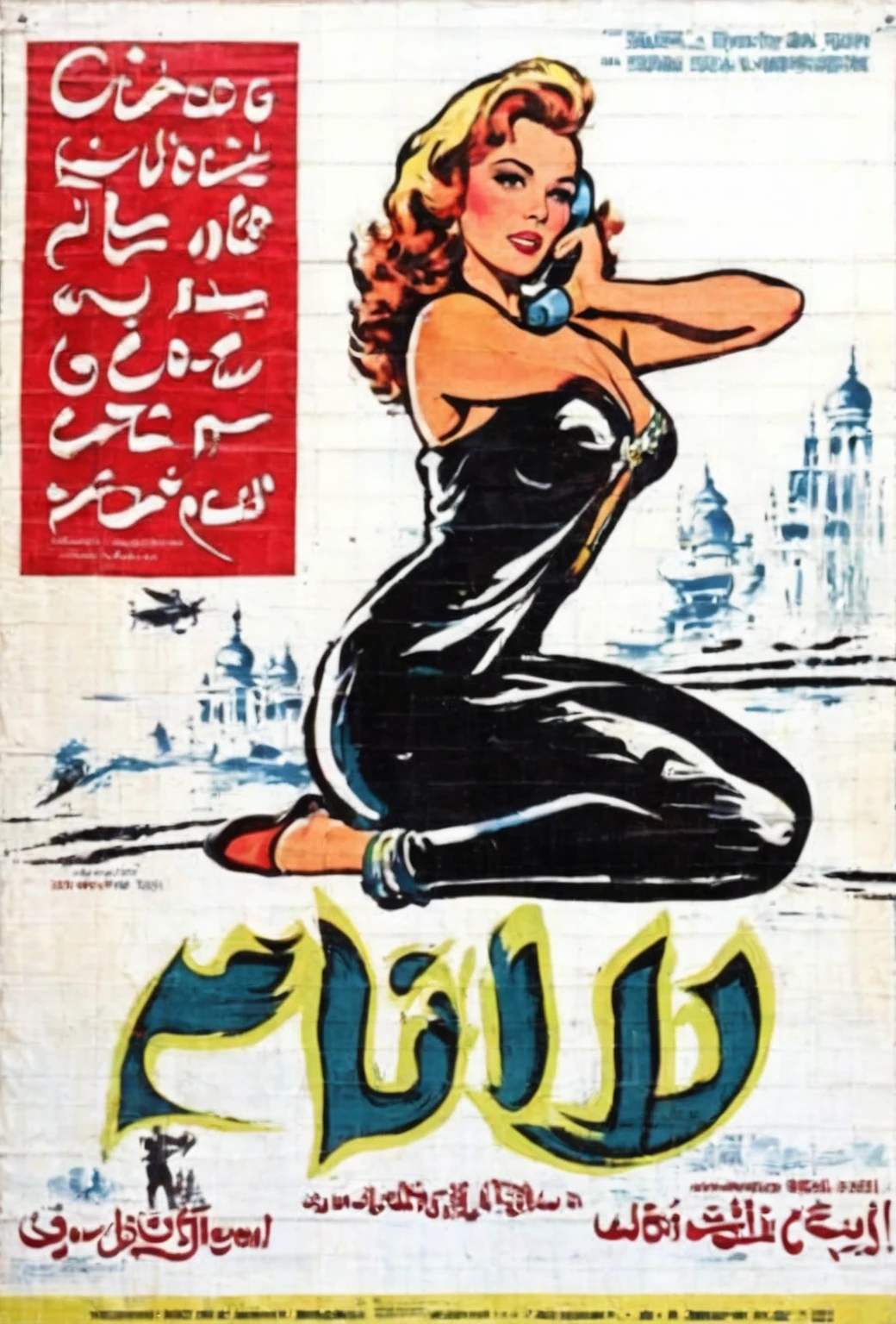 a close up of a poster with a woman on a phone, movie poster from 1960s, poster for the film, 1 9 5 0 s movie poster, arabian wrestling woman, 1960s orientalism, movie poster, vintage movie poster, cerebri movie poster, film poster, old movie, movie poster 7 0's, vintage film poster