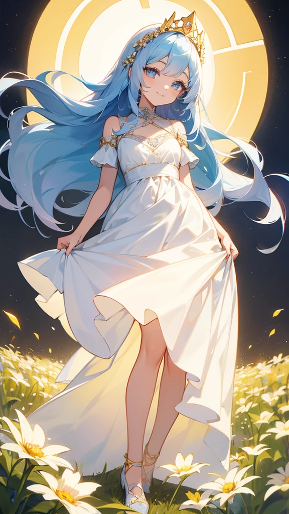 flower_tiara,flower_field,white_dress,smile,beautiful_blue_hair,golden_eyes,beautiful_eyes,1_beautiful_girl,cute_face,pretty_face,beautiful_face,beautiful,best_quality,good_anatomy,full body.