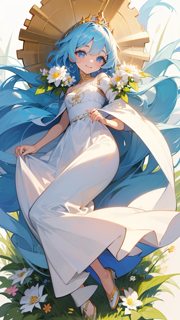flower_tiara,flower_field,white_dress,smile,beautiful_blue_hair,golden_eyes,beautiful_eyes,1_beautiful_girl,cute_face,pretty_face,beautiful_face,beautiful,best_quality,good_anatomy,full body.