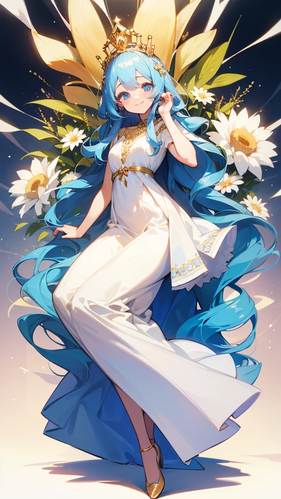 flower_tiara,flower_field,white_dress,smile,beautiful_blue_hair,golden_eyes,beautiful_eyes,1_beautiful_girl,cute_face,pretty_face,beautiful_face,beautiful,best_quality,good_anatomy,full body.