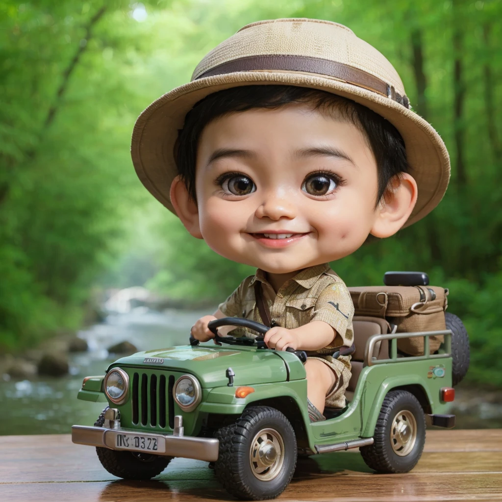 3D realistic caricature photo, 2 year old ethnic Chinese baby boy, thin and short hair, chubby cheeks, smiling face, wearing a safari costume and hat, driving a small convertible jeep. forest background
