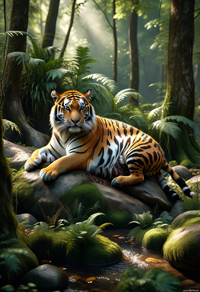 There is a wild beast in the forest，tiger shape，The tail of the cow（best quality，4K，8K，High level，masterpiece：1.2），Ultra Detailed，（lifelike，Photo real，Photo real：1.37），Highly detailed animals，Realistic lighting，Fantasy Creatures