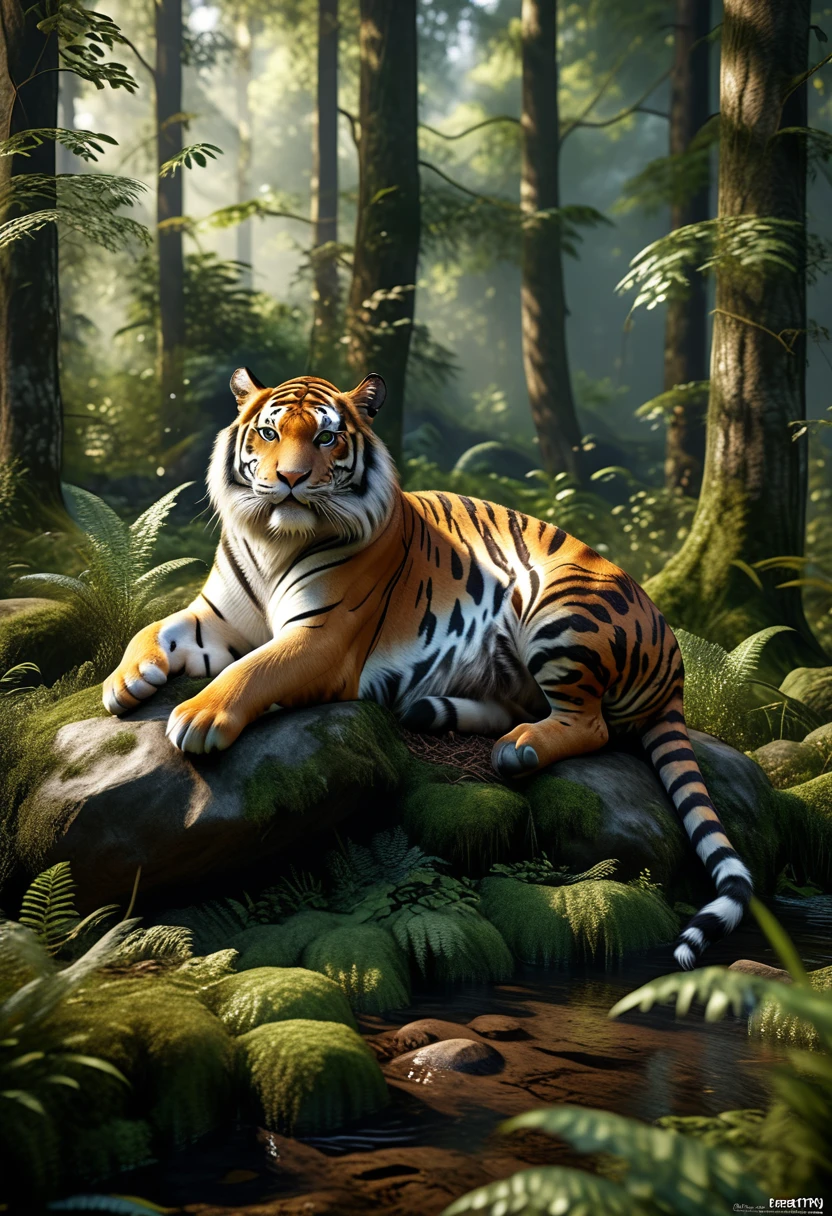 There is a wild beast in the forest，tiger shape，The tail of the cow（best quality，4K，8K，High level，masterpiece：1.2），Ultra Detailed，（lifelike，Photo real，Photo real：1.37），Highly detailed animals，Realistic lighting，Fantasy Creatures