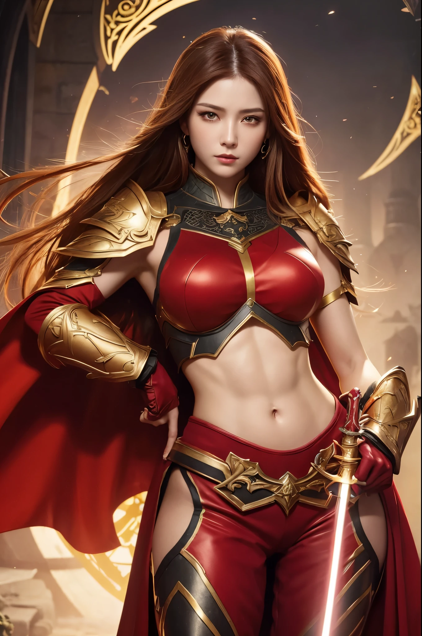 8K,Close-up of a goddess holding a sacred sword, Gorgeous large chest armor, sexy超美人(Like the real thing)Goddess of War,Slender body,Muscular Beauty,Muscular woman,Sharp Eyes,He has a big and gorgeous holy sword.,Beautiful long red hair,Strongly defined abdominal muscles,sexy,Highly detailed artwork, Alexandra Fomina Art Station, 2. 5d cgi anime Fantasy artwork, Woman in red armor, Armor Girl, Fan Art Best Art Station, Amazing character art, Kschat Krentz Key Art Feminine, Chengwei Pan at Art Station,Ultra-high resolution,Luxury Red Large Mist Chest Armor,Luxury red combat pants,gorgeous red gauntlet,Luxury red shoulder pad,luxurious red waist armor,Fantasy art,Extremely strong and defined abs,Slim, muscular legs,Very large breasts,Fighting Pose,Dynamic pose with sword,shout,anger,anger,Golden Hair Ornament,French female goddess,Golden Eyes,