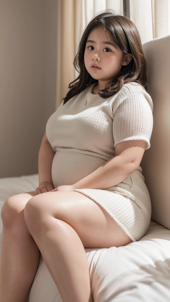 a 10 year old obese girl, chubby cheeks, round face, double chin, thick arms and legs, wearing a , sit in a bed, realistic, detailed, highly detailed, intricate details, photorealistic, 8k, masterpiece, cinematic lighting, dramatic shadows,