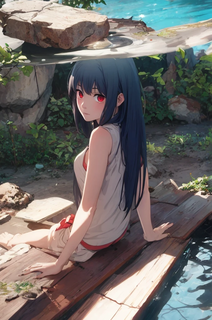 Makima but with blue pool hair and red eyes