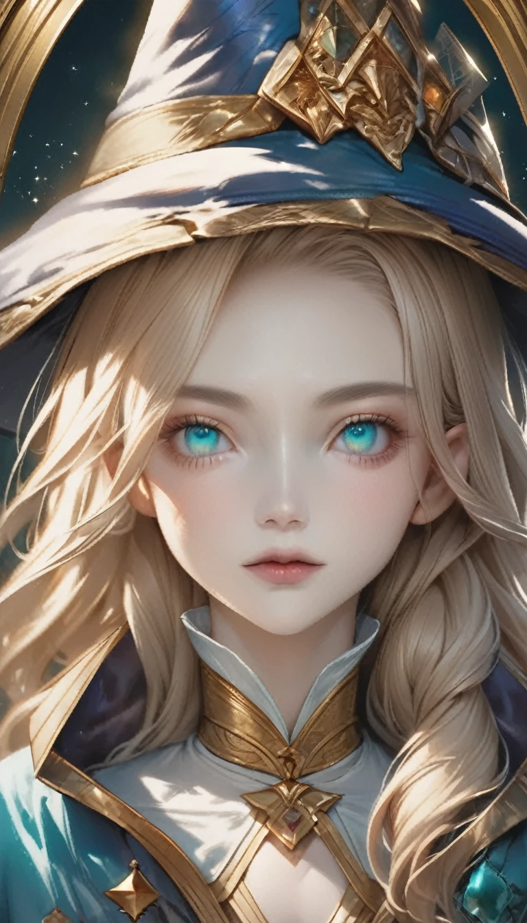 White shirt、Realistic textured skin、Ash Blonde、1 strand of hair、Side Tail、Turquoise Eyes、16 years old、tarot card divination:1.37、Close-up of a woman in dress and hat holding tarot cards:1.37, Beautiful Celestial Magician, portrait of a Female Wizard, Female Wizard, Mechanized Witch's Little Wizard!, Female Wizard, dark witch character, magician magic witch, Black-haired wizard, Dark Sorceress Full View, Astral Witch Outfit, Dark magician full body pose、