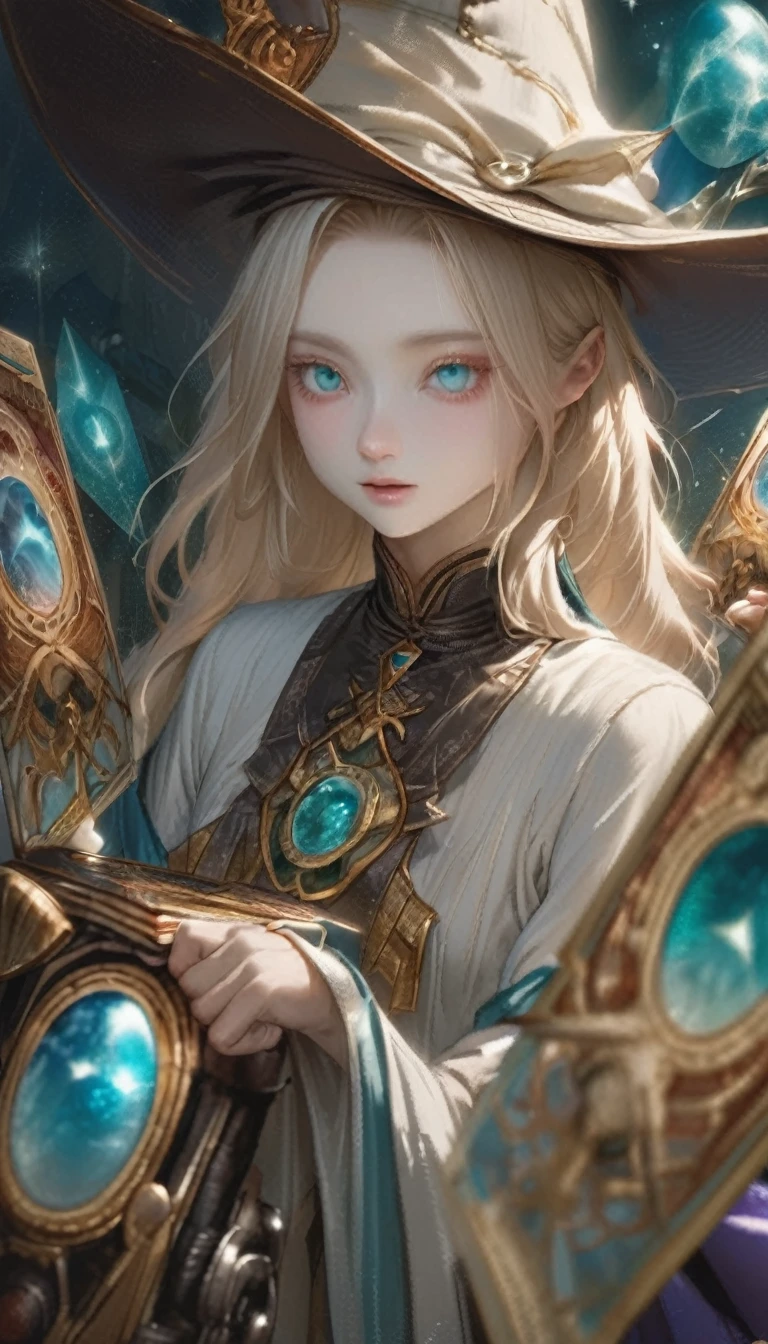 White shirt、Realistic textured skin、Ash Blonde、1 strand of hair、Side Tail、Turquoise Eyes、16 years old、tarot card divination:1.37、Close-up of a woman in dress and hat holding tarot cards:1.37, Beautiful Celestial Magician, portrait of a Female Wizard, Female Wizard, Mechanized Witch's Little Wizard!, Female Wizard, dark witch character, magician magic witch, Black-haired wizard, Dark Sorceress Full View, Astral Witch Outfit, Dark magician full body pose、
