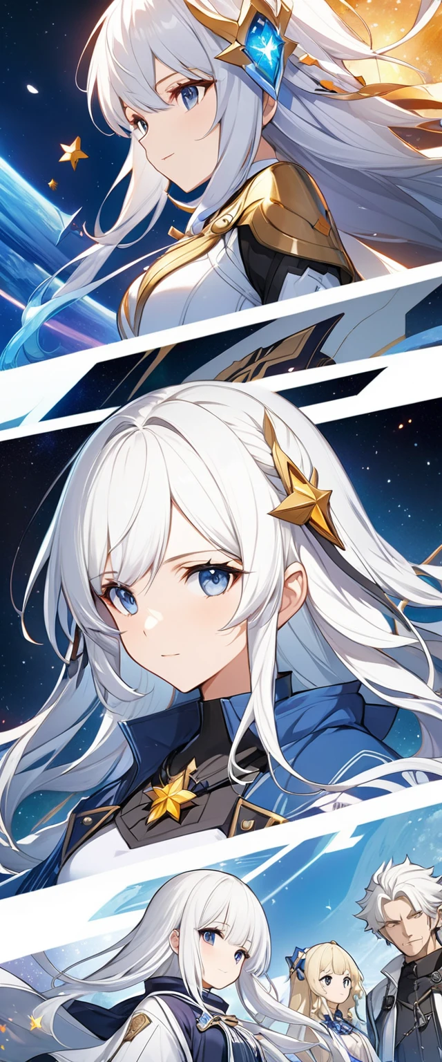 Close-up of a man with long hair and a star, White hair deity, Light novel cover art, Anime visuals of cute girls, white hair girl, Cosmic hair anime girl, Anime vision of young woman, Beautiful celestial mage, Detailed key animation art, Official Anime Artwork, From Arknights, White hair, Ethereal Anime, Ayaka Genshin impact