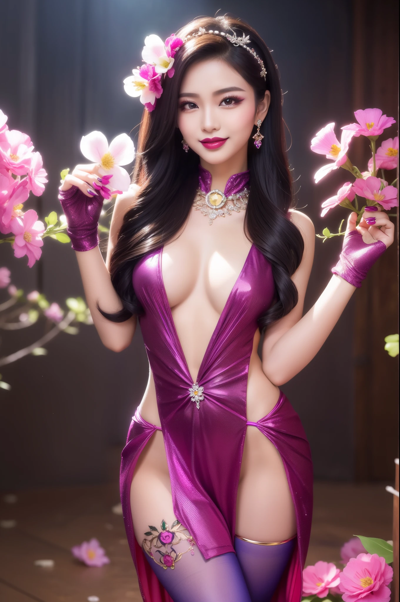 sexy Thai model who controls poison、beautiful smile、lipgloss、bold lipstick、intense makeup、look at the camera、full body Esbian、、sparkling poisoned flower costume、、、、sparkling Colorful hair、secrete poison、skull hair accessories、sexy tights、shiny sparkling flowers background
