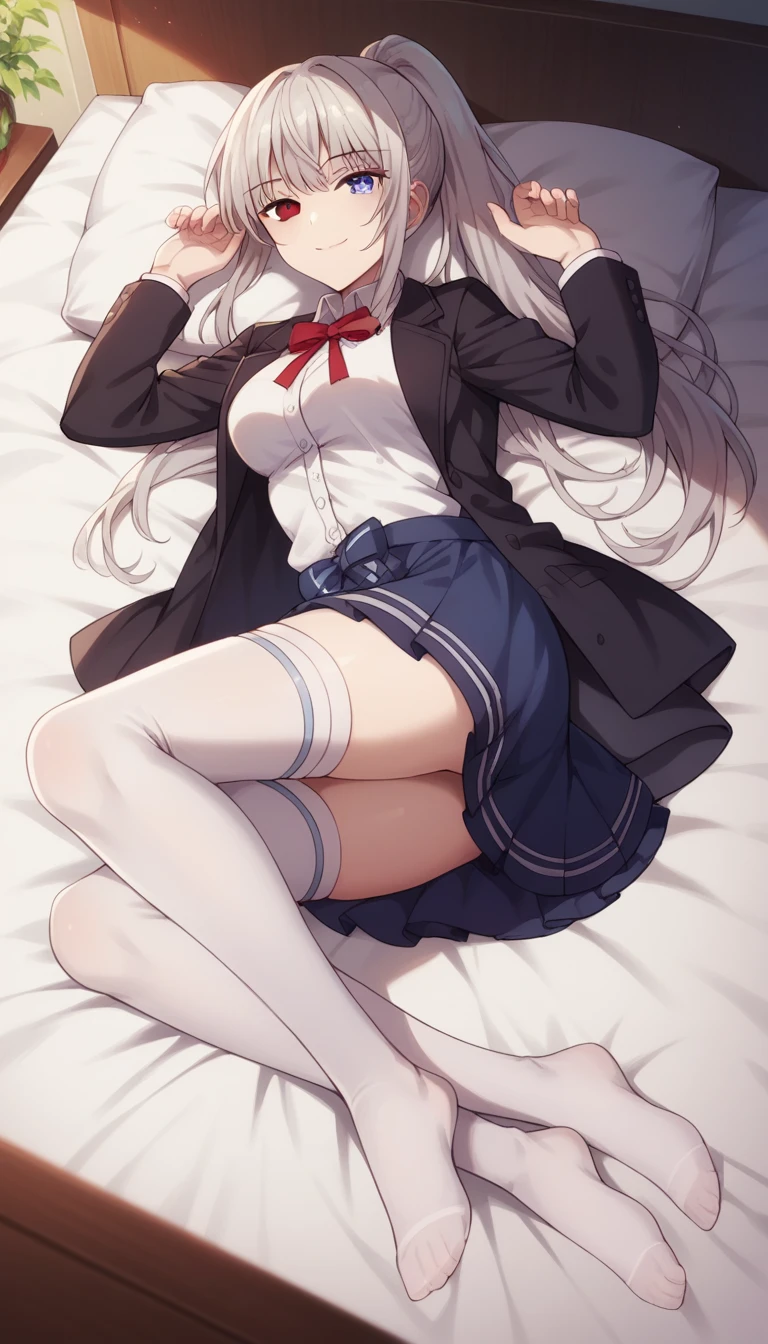 1girl, solo, full length, long hair, a ponytail, medium breasts, looking at viewer, legs, hand, bangs, smile, heterochromia, red eyes, blue eyes, lying, arrogant smile, legs, stockings, indoors, black blazer, white shirt, shirt under jacket, blue skirt, short skirt, red ribbon, white stockings, shoulders, hands up best quality, detailed, 