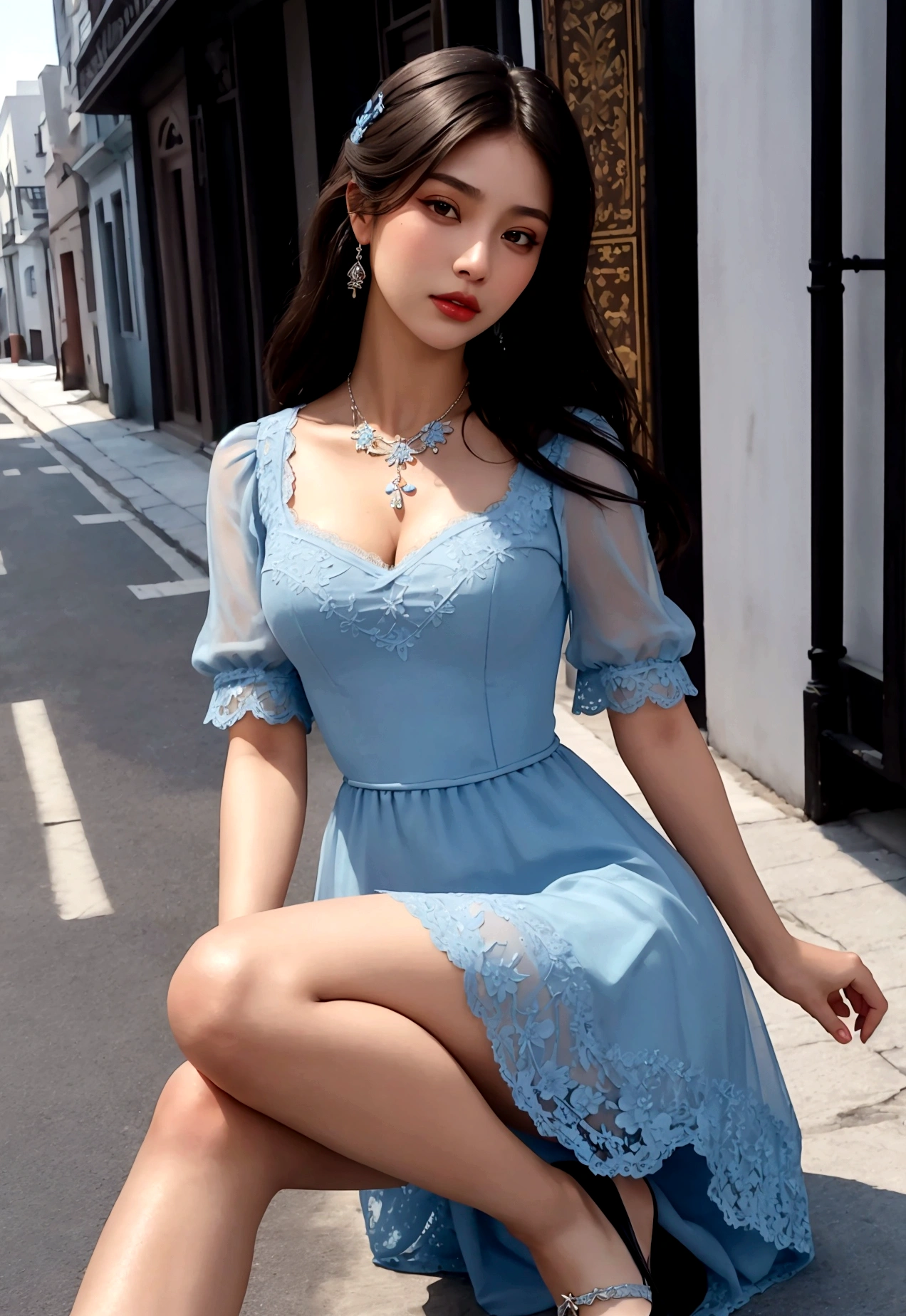 a brunette Latina woman, WEARING light blue LACE dress with embroidered details, shoes black,worked, Latin woman on a beautiful street of red roses, High definition, incredible. fot of a stunning Kizi, in town, light blue LACE dress, enjoying, Kizi, hot Kizi, (((medium bust))), body hair morena, far away_body hair, shoes black, luxurious, looks at the camera, symmetrical face, photorrealistic, fot, spectacular lighting,, marvelous, neckleace, western, (Masterpiece artwork), best qualityer, high resolution, extremely detaild, skin with pores, nblurry background, Depth of field, cinematic lighting, Asian, ssmile