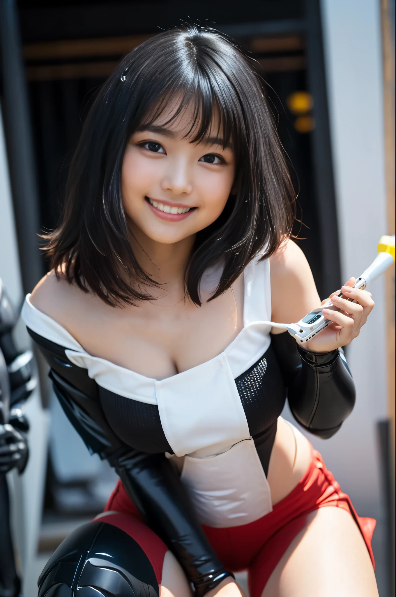 (8K、Raw photography、Highest quality、masterpiece:1.2),(Black Hair、Dark Eyes:1.9),(Plug Suit:1.6)、View your audience,Viewed from the front,White skin,(:1.4)、(Tight waist:1.6)、(Clothes that accentuate the shape of the breasts:1.0)、(Big Breasts :1.3)、Slim figure、Ultra-high resolution,beautiful,beautiful fece,(One person、No background:1.9),whole bodyボディー,Japanese women,(reality的:1.37)、Photon Mapping,reality、(Baby-faced and cute: 1.4)、(Cute Smile: 1.8)、(Round face: 1.8)、Radio City、Physically Based Rendering、Depth of field rally background、photograph, (I can see your knees、Thigh close-up:1.8),(:1.6),whole body、Great quality