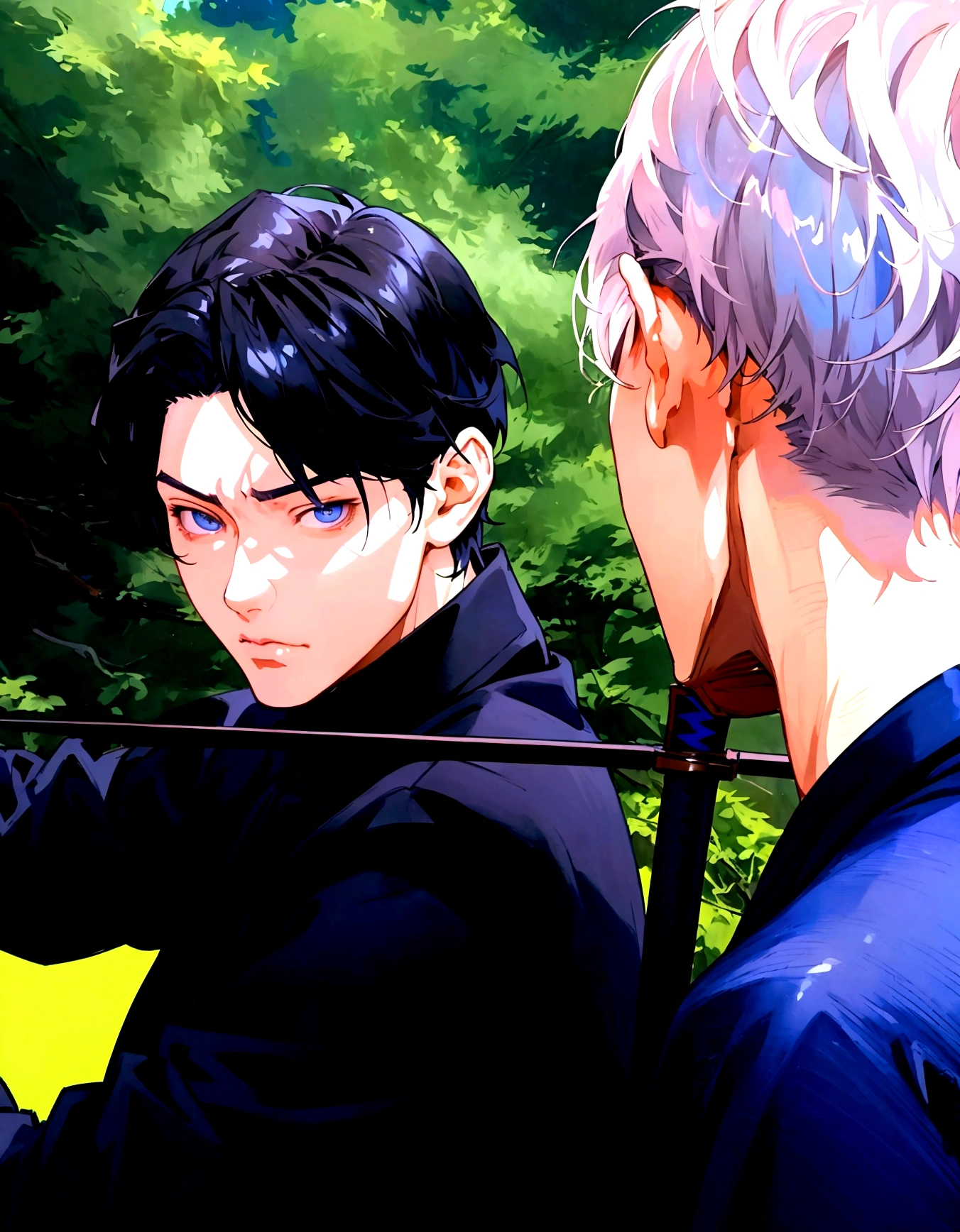 anime - style image of a man with a sword, non-style artwork by guweiz, made with anime painter studio, offcial art, anime realism style, sakimichan and frank franzzeta, realistic anime art style, face nice art, two handsome anime men, highly detailed exquisite fanart