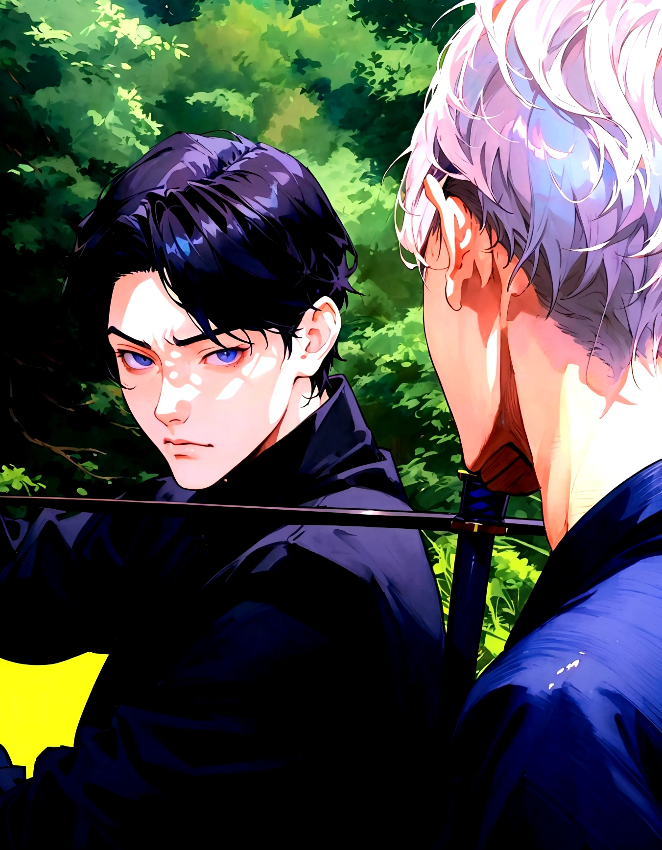anime - style image of a man with a sword, non-style artwork by guweiz, made with anime painter studio, offcial art, anime realism style, sakimichan and frank franzzeta, realistic anime art style, face nice art, two handsome anime men, highly detailed exquisite fanart