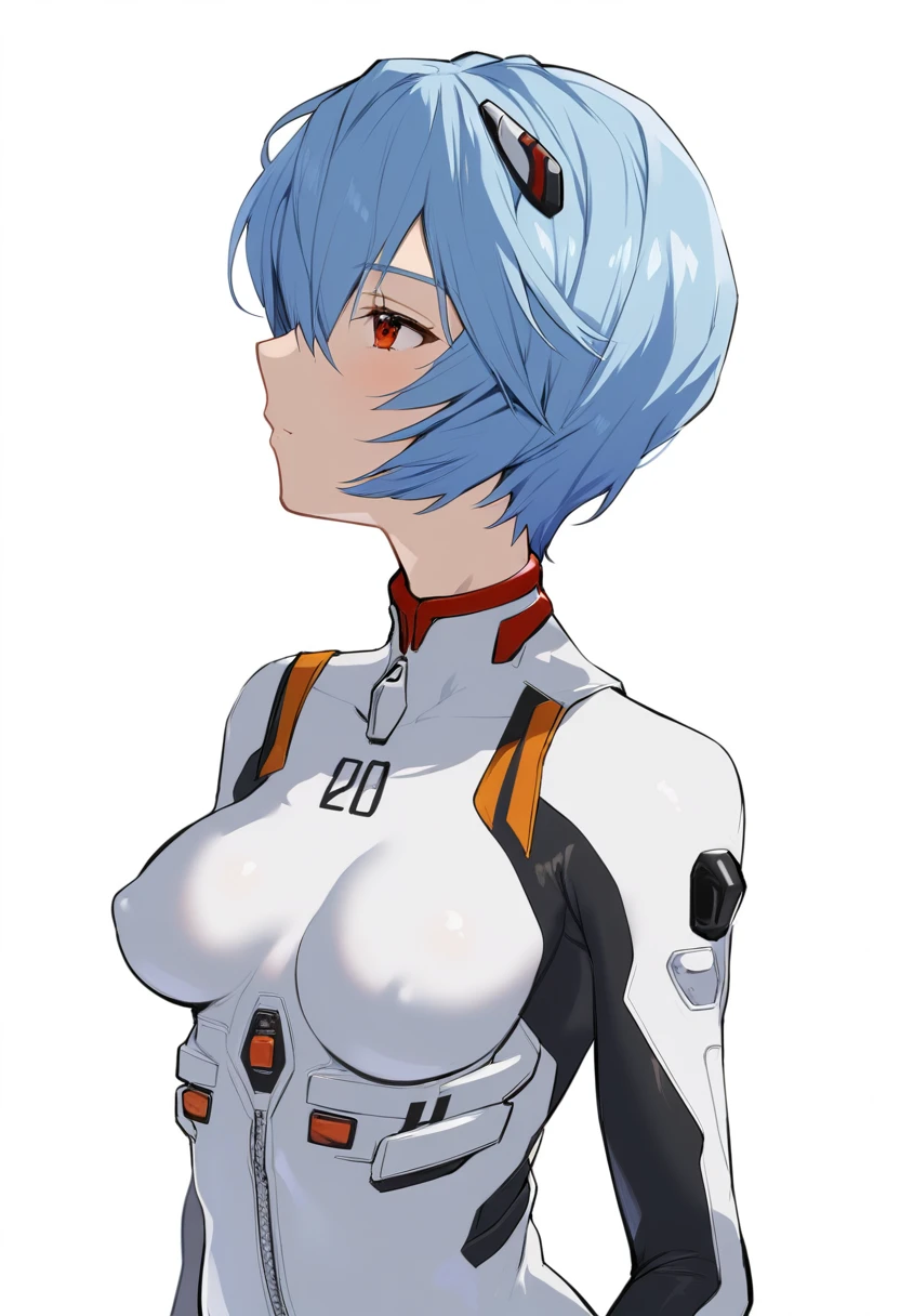 nsfw, One girl, Ayanami Rei, alone, Red eyes, Plug Suit, short hair, Blue Hair, chest, Bodysuits, Upper Body, White Background, white Bodysuits, Simple Background, Interface Headset, bangs, Mouth closed, Hair between the eyes, medium chest, medium quality, slow, pregnancy