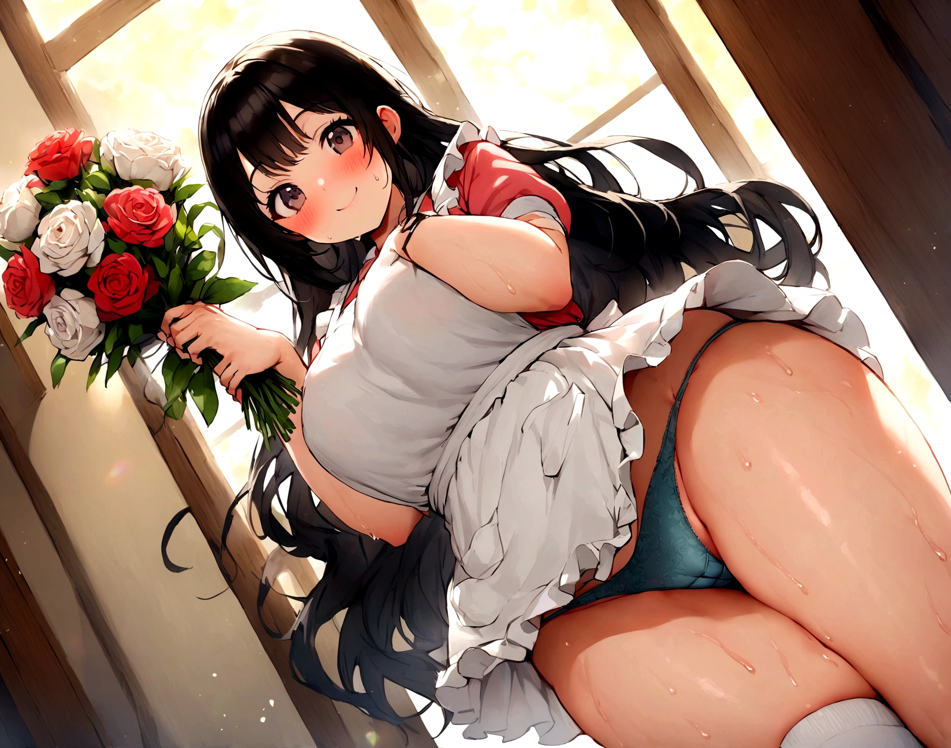 One Woman、One Man、The man is looking up her skirt、Beauty、Florist、All around me are flowers、淫乱Florist店員、Floristの店員、Age 25、flare skirt、Loose and fluffy long hair, Highest quality, Focus on the thighs, smile, panties、Plump thighs、Big Ass、Big 、 Black Hair,My thighs are steaming between the legs 、Sweaty knee-high socks、Angle from directly below、Waiting for a bouquet、apron