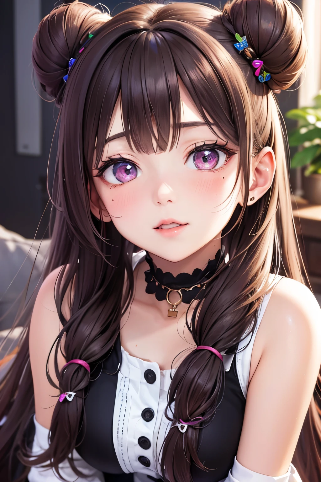 masterpiece, best quality, very detailed, high resolution, expensive resolution, high resolution, 4K, 8k, Unity 8k wallpaper, highly detailed CG, masterpiece, 2D, 3D, beautiful details, depth, fine texture, best quality: 1.3, perfect focus, crispy skin, him,
Very cute anime girl, begging face on date with boyfriend, looking up, big breasts, expensive brown hair in Twin tail bun hair, cute clothes
Mole under eye, looking at viewer, expensive, blush, mole, lips open,, heart, pink eyes, choker