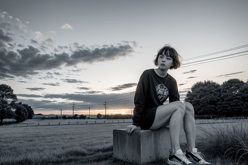 masterpiece, best quality,solo, short hair, looking at viewer, 1girl, closed mouth, upper body, abstract, bangs, monochrome ,outdoors, grass, sky, scenery, cloud, solo, sitting, power lines, tree, sunset, utility pole, shoes, cloudy sky, long sleeves, blue sky, fence, wide shot, day, building ,
