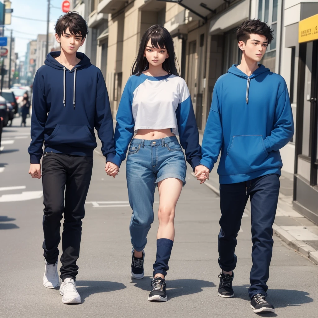 17 year old boy in a blue sweatshirt walking down the street holding hands with a 16 year old girl in a crop top