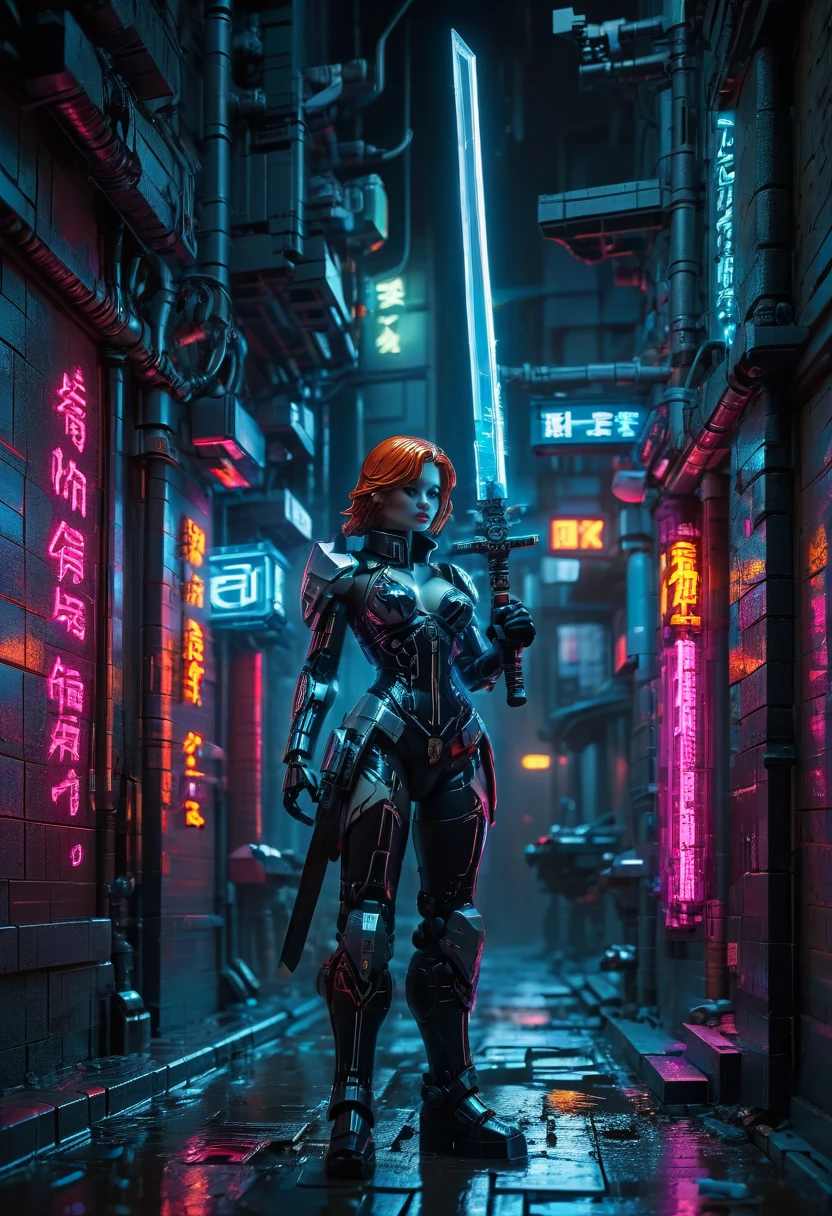Lego Art, standing in a neon-lit cyberpunk alleyway with a futuristic sword, (Highest quality, masterpiece, Representative works, Official Art, Professional, Super intricate details, 8K:1.3)